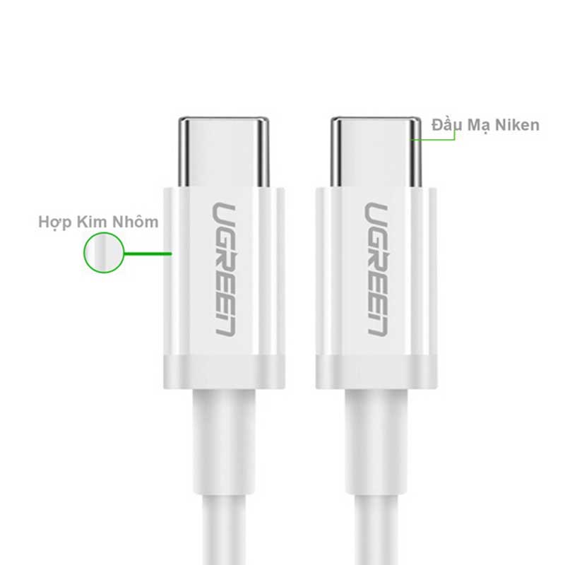 Ugreen 60518 Cáp UGREEN USB 2.0 Type C Male to Type C Male Mạ Niken Vỏ ABS 1m (Trắng)