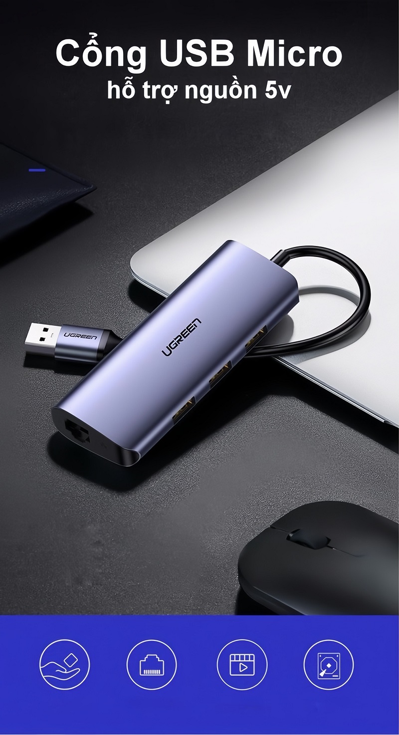 Ugreen 60719 Bộ chia USB 3.0 ra 3 cổng USB 3.0 và 1 Lan Gigabit cao cấp