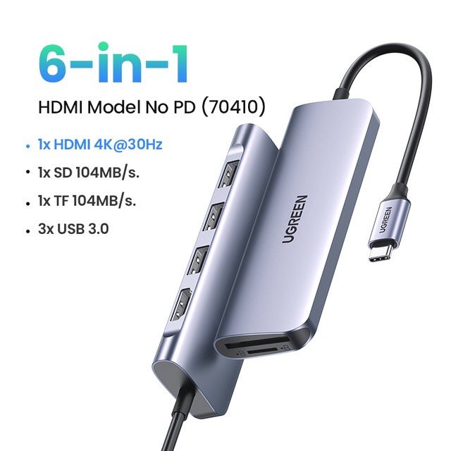 Ugreen 70410 - Bộ chuyển USB-C sang 3 Ports USB3.0-A Hub + HDMI 4K30HZ + TF/SD 6 IN 1