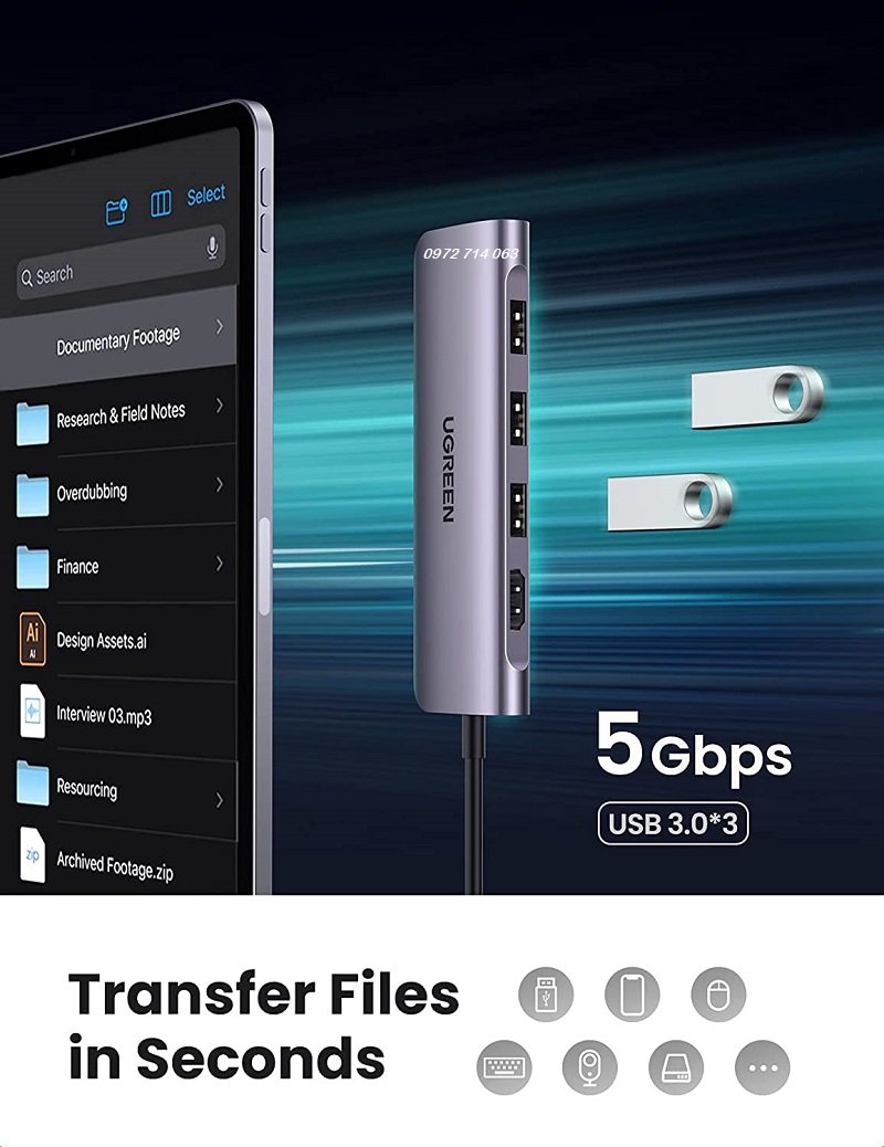 Ugreen 70410 - Bộ chuyển USB-C sang 3 Ports USB3.0-A Hub + HDMI 4K30HZ + TF/SD 6 IN 1