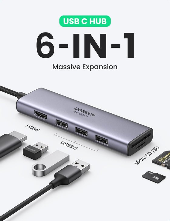 Ugreen 70410 - Bộ chuyển USB-C sang 3 Ports USB3.0-A Hub + HDMI 4K30HZ + TF/SD 6 IN 1