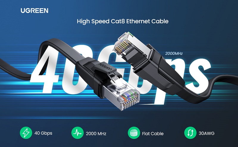 Ugreen 70672 Cáp mạng đúc sẵn dạng dẹt Cat8 dài 2M U-FTP 2000Mhz 30AWG cao cấp