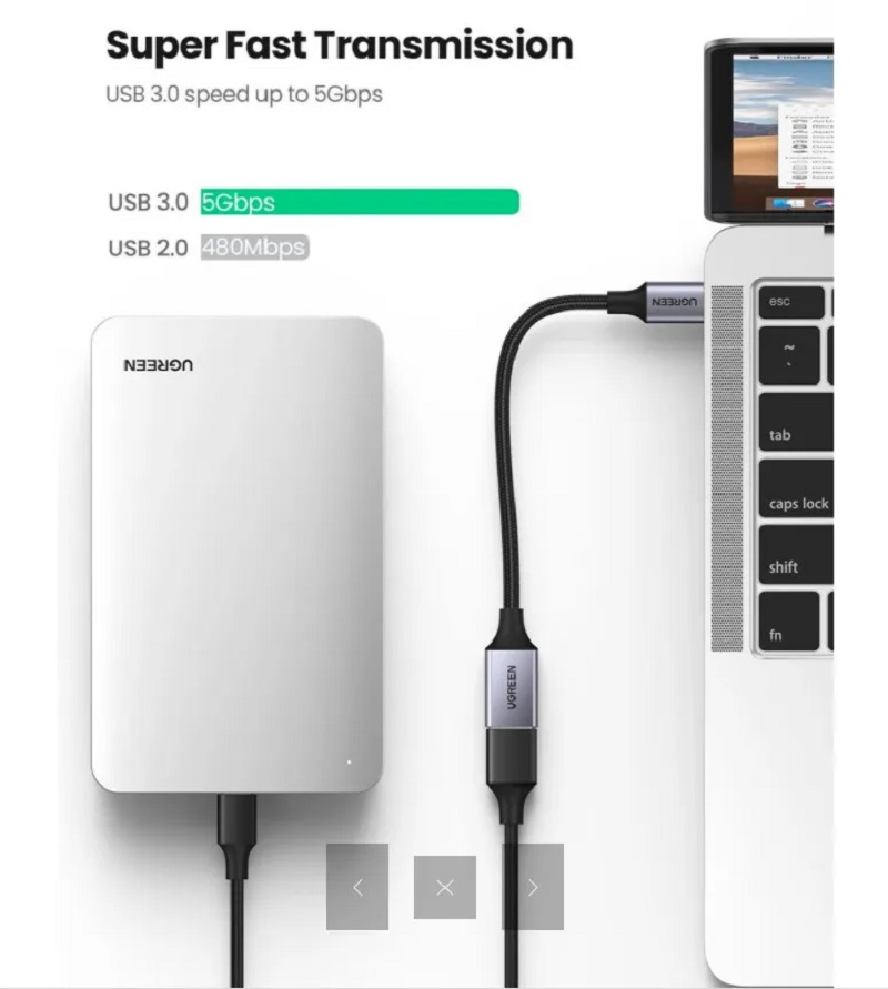 Ugreen 70889 USB-C sang USB 3.0 có dây bện (Đen)