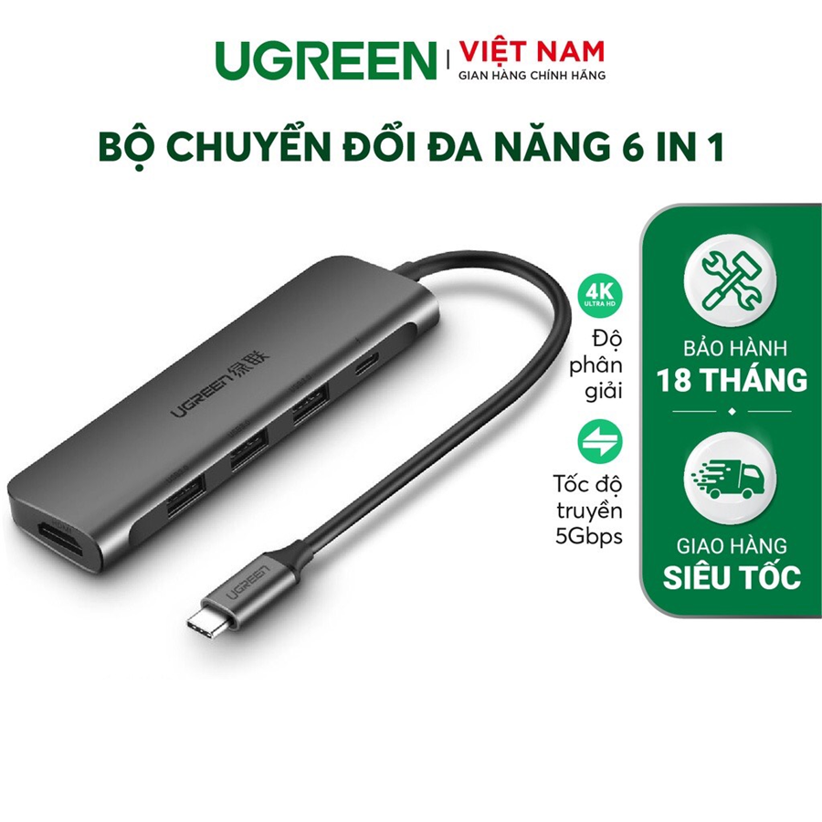 Ugreen 80132 - Bộ chuyển đổi đa năng USB-C sang HDMI 4K30HZ+3*USB 3.0 A+ AUX3.5mm+PD (6 IN 1)