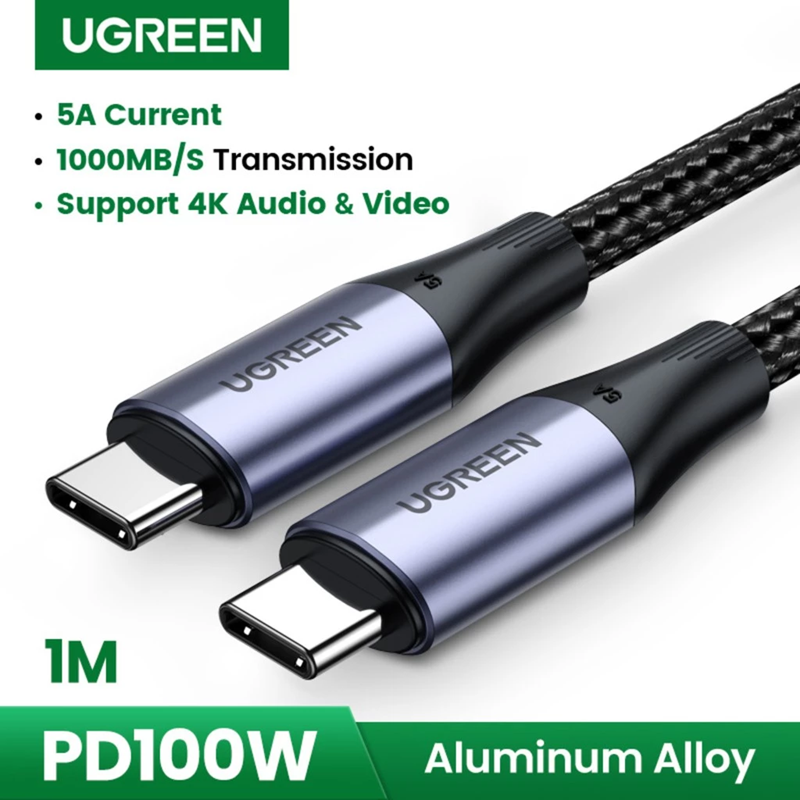 Ugreen 80150 Cáp bện UGREEN USB-C 3.2 M/M Gen2 5A 1m (Đen) truyền hình ảnh 4K
