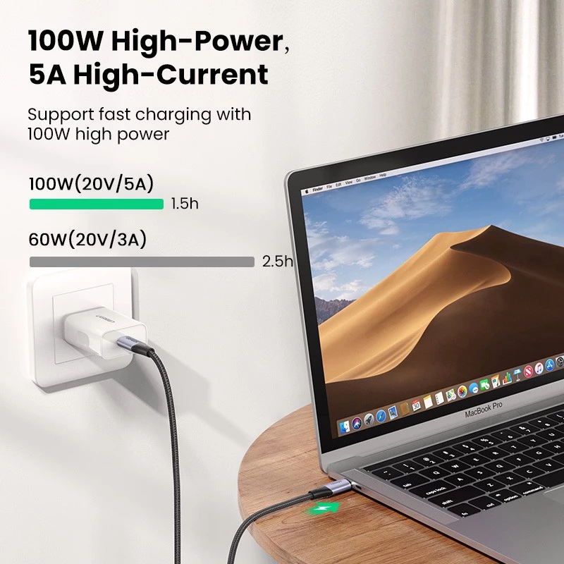 Ugreen 80150 Cáp bện UGREEN USB-C 3.2 M/M Gen2 5A 1m (Đen) truyền hình ảnh 4K