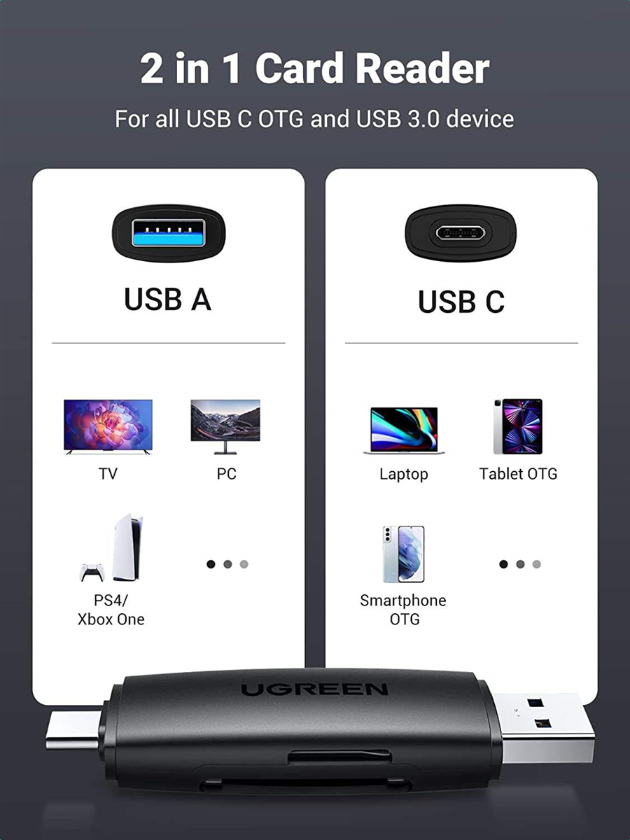 Ugreen 80191,ĐĐầu đọc thẻ nhớ SD/TF chuẩn Type C và USB 3.0 Chính hãng Cao Cấp