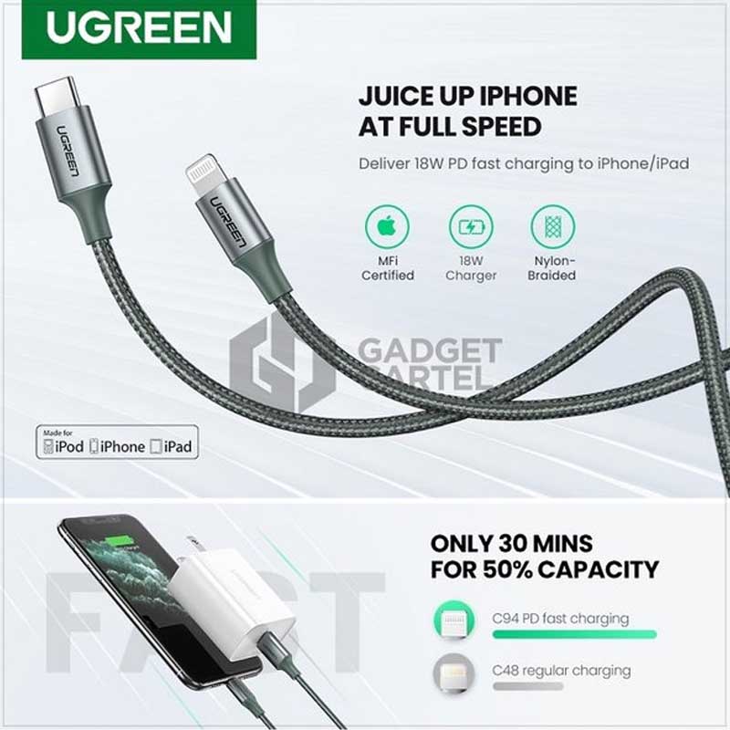 Ugreen 80564 Cáp UGREEN USB-C to Lightning Vỏ nhôm bện 1m (Xanh đậm)