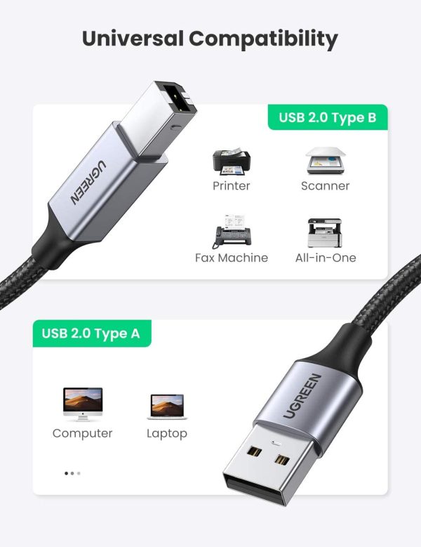 Ugreen 80802 Cáp máy in USB A to USB B US369, dài 1m5, dây dù bọc nhôm cao cấp