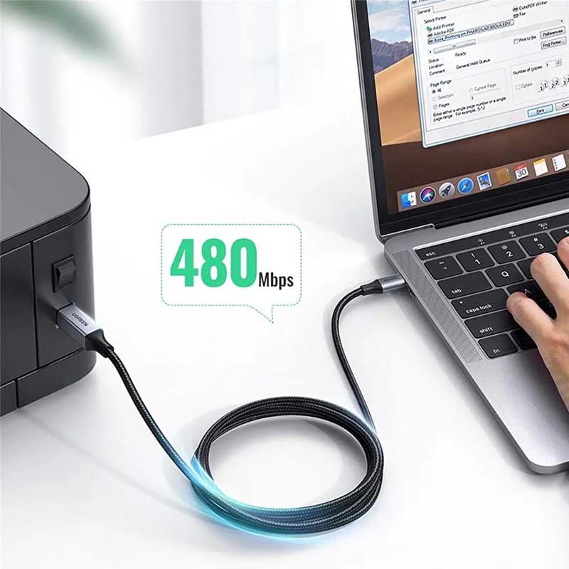 Ugreen 80807 Cáp máy in USB Type-C to USB Type-B dài 2M vỏ nhôm bọc dù chính hãng