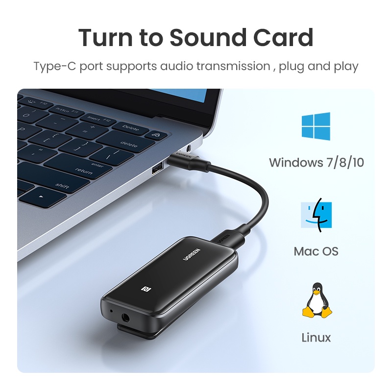 Ugreen 80895 Thiết bị nhận Bluetooth 5.0 Receiver USB DAC 3.5mm NFC APTX cao cấp