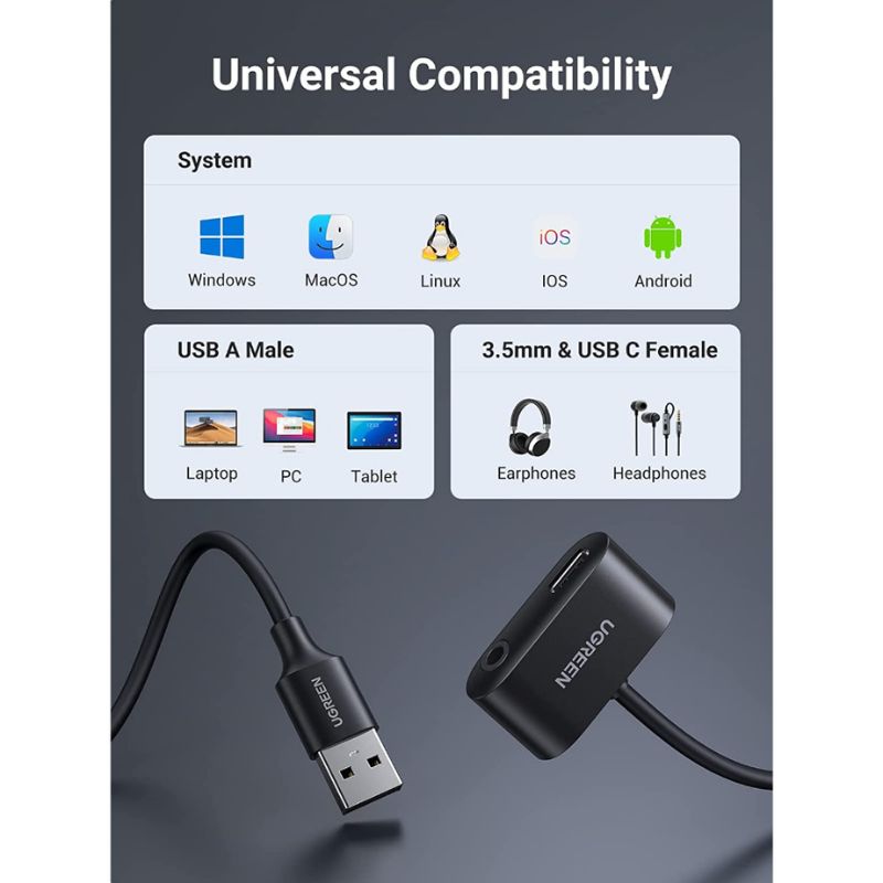 UGREEN 80897 Cáp chuyển đổi USB-A sang USB-C audio + 3.5mm audio Màu Đen chính hãng