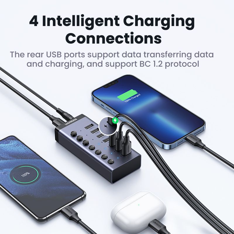 UGREEN 90307 HUB USB 7 Cổng USB 3.0 có nút công tắc, nguồn 12V/2A