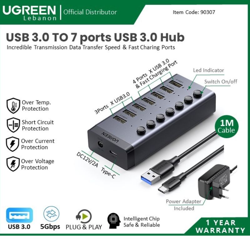 UGREEN 90307 HUB USB 7 Cổng USB 3.0 có nút công tắc, nguồn 12V/2A