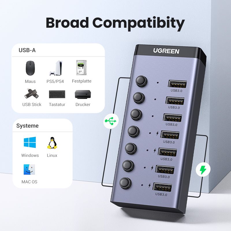 UGREEN 90307 HUB USB 7 Cổng USB 3.0 có nút công tắc, nguồn 12V/2A