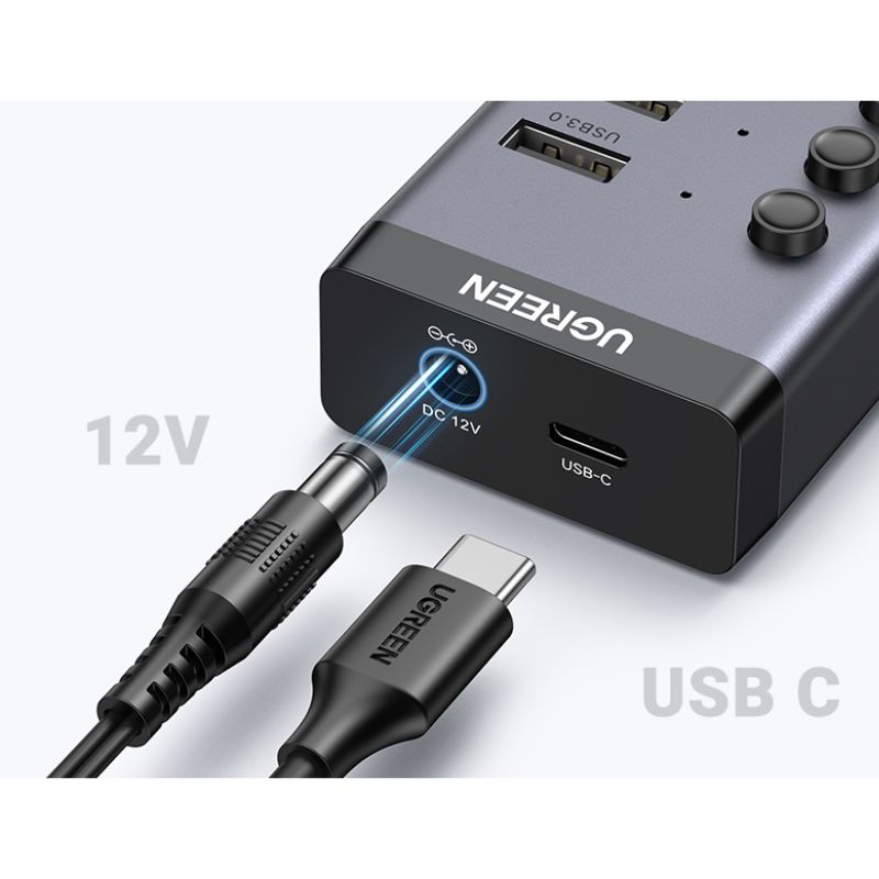 UGREEN 90307 HUB USB 7 Cổng USB 3.0 có nút công tắc, nguồn 12V/2A