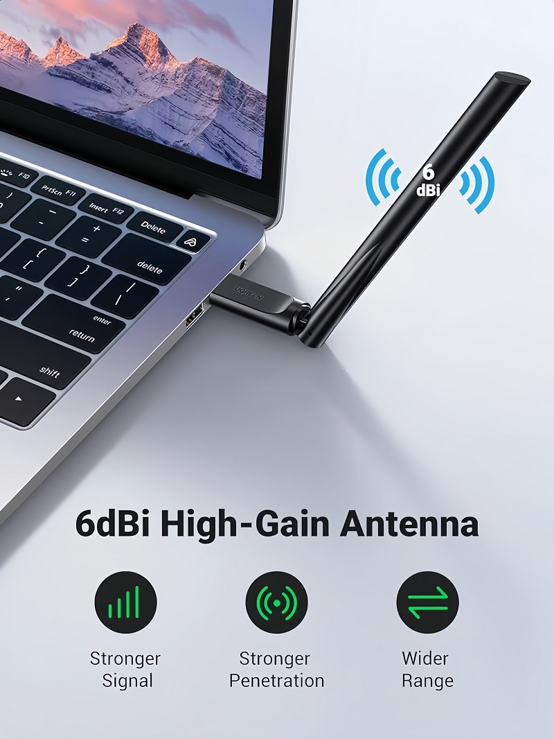 Ugreen 90339 USB Wifi băng tần kép 5G và 2.4G trang bị thêm ăng ten ngoài 6dBi cao cấp