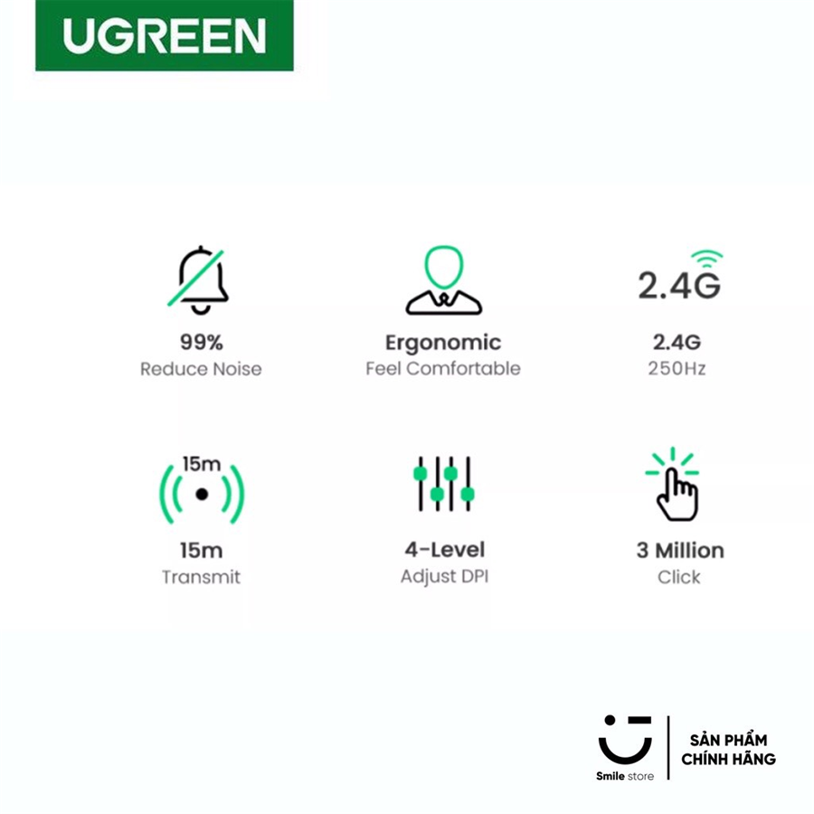 UGREEN 90371 Chuột Không Dây Không Tiếng Ồn Chuột Silent Click 2400 DPI - Chuột Êm Không Dây 2.4G