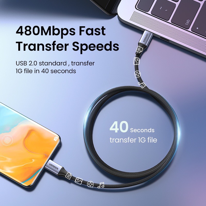 Ugreen 90440 Cáp sạc, dữ liệu USB Type-C sang Type-C dài 2M bọc dù hỗ trợ PD 240W cao cấp