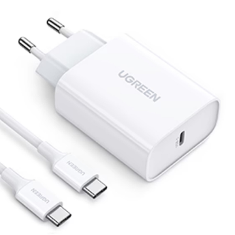 Ugreen 90472  Bộ Sạc Nhanh UGREEN 30W USB-C Kèm Cáp 2m C-C (Trắng) EU chính hãng