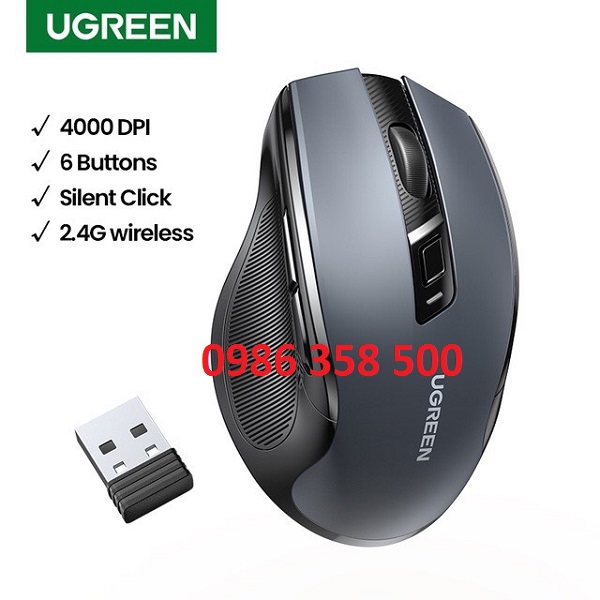 UGREEN 90545 Chuột Không Dây Thiết Chuột 4000 DPI Im Lặng 6 Nút Bấm Chuột Êm 2.4G - Hàng chính hãng