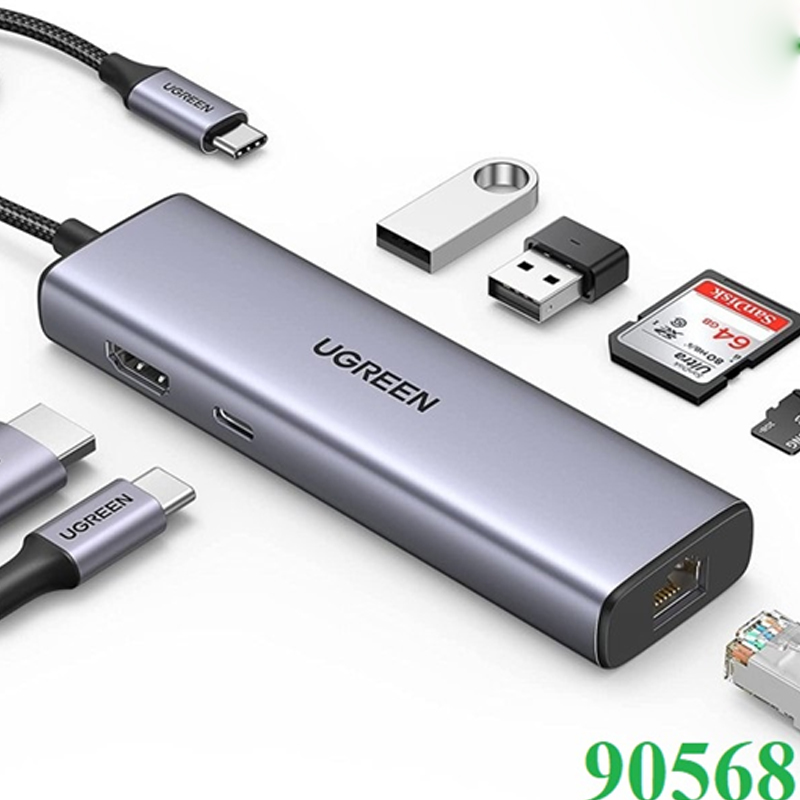 Ugreen 90568 Bộ chuyển đổi cổng USB-C sang 2*USB3.0+HDMI+RJ45+SD&TF +PD 4K30Hz