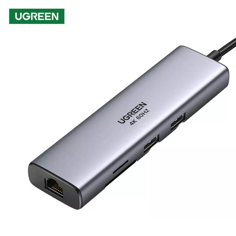 Ugreen 90568 Bộ chuyển đổi cổng USB-C sang 2*USB3.0+HDMI+RJ45+SD&TF +PD 4K30Hz