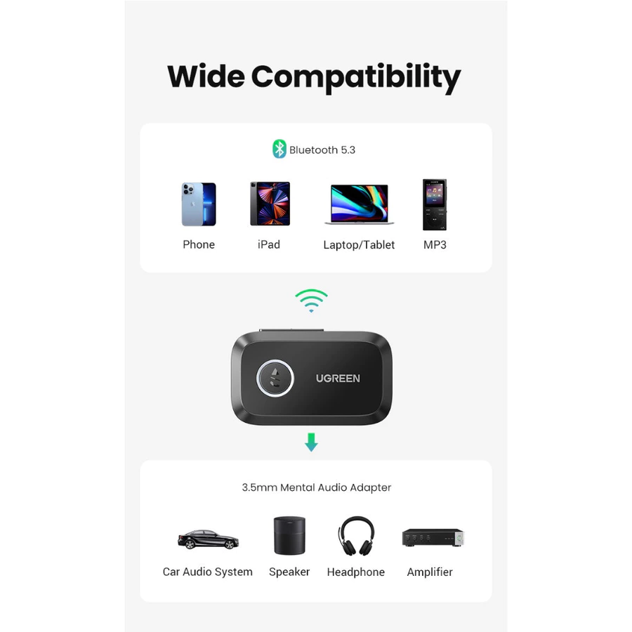 Ugreen 90748 Thiết Bị Nhận Âm Thanh Bluetooth 5.3, khoảng cách 15m, kết nối cùng lúc 2 điện thoại