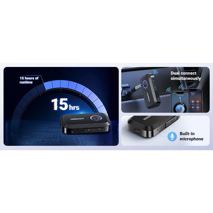 Ugreen 90748 Thiết Bị Nhận Âm Thanh Bluetooth 5.3, khoảng cách 15m, kết nối cùng lúc 2 điện thoại