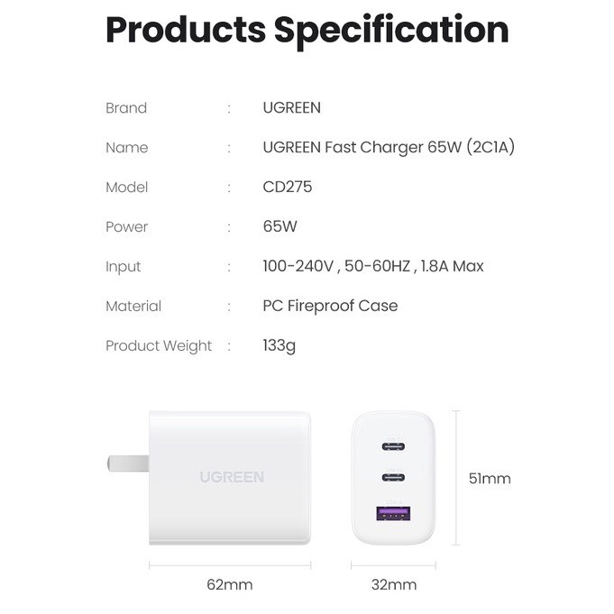 UGREEN Nexode 65W 3-Port PD GaN Fast Charger (2C1A) US (White) 15333