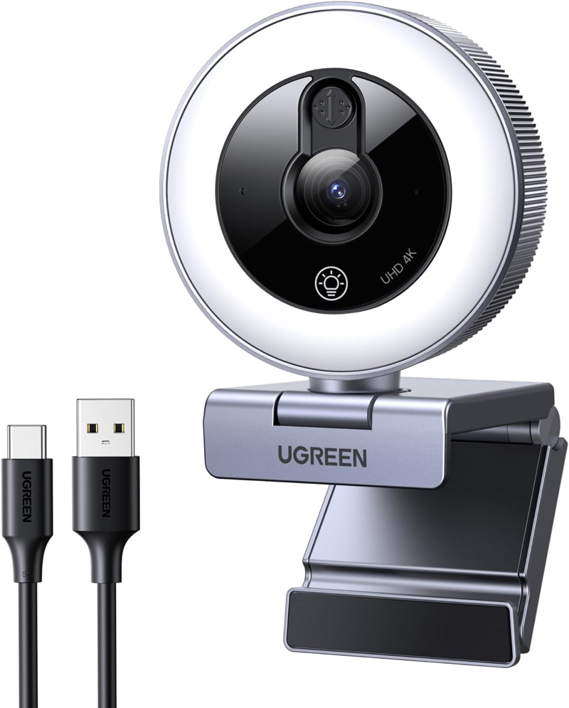 Webcam UGREEN 45153 4K với đèn vòng, tự động lấy nét, nắp che bảo mật,micro dành cho phát trực tuyến