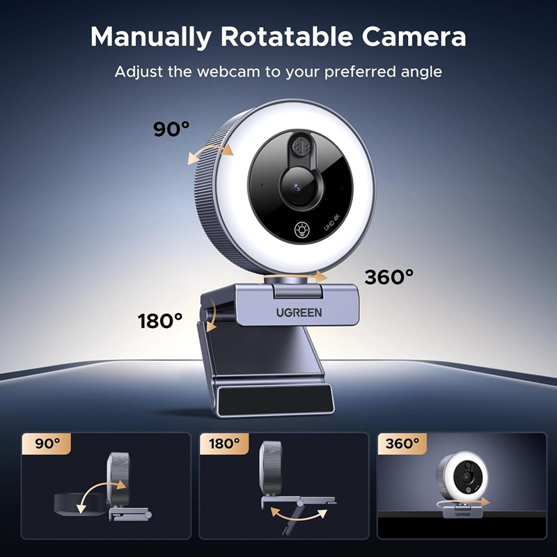 Webcam UGREEN 45153 4K với đèn vòng, tự động lấy nét, nắp che bảo mật,micro dành cho phát trực tuyến