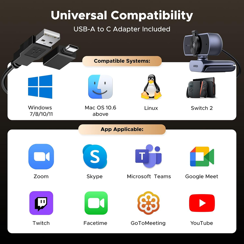 Webcam UGREEN 65381 4K@30fps cho PC, độ phân giải cực cao, tích hợp micro, màu xám.
