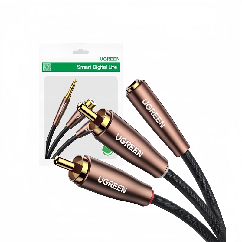 Ugreen 50131 cáp chuyển đổi âm thanh 3.5mm sang 2 cổng RCA dương dài 2M bện nylon cao cấp (màu nâu)