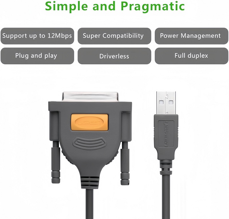 Ugreen 20224 cáp chuyển máy in USB tới LPT DB25 Paralell Printer dài 2M cao cấp