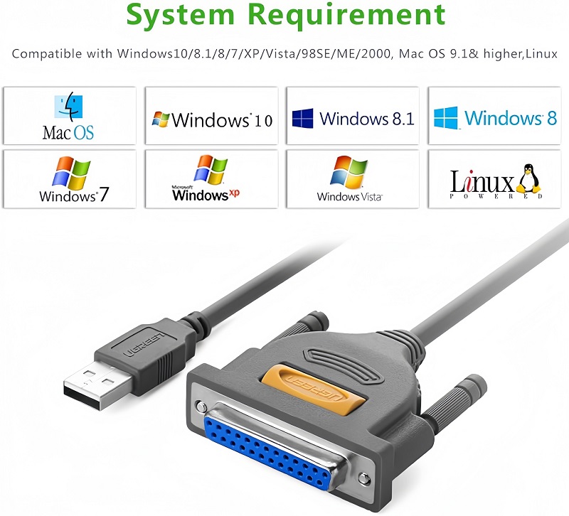 Ugreen 20224 cáp chuyển máy in USB tới LPT DB25 Paralell Printer dài 2M cao cấp