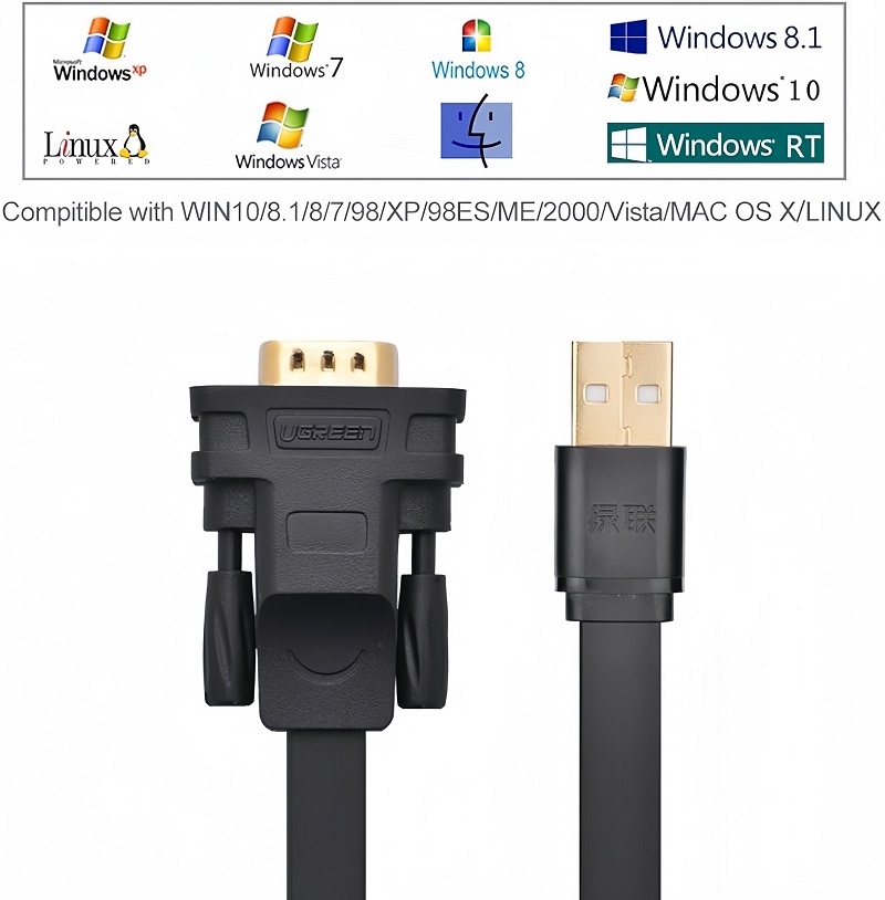 Ugreen 20206 cáp tín hiệu chuyển đổi USB 2.0 sang com RS232 dài 1M dáng dẹt cao cấp