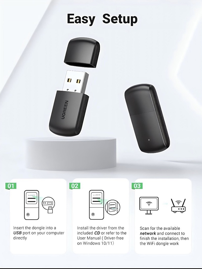 Ugreen 20204 USB phát Wifi băng tần kép 5G và 2.4G tốc độ 650 Mbps cao cấp