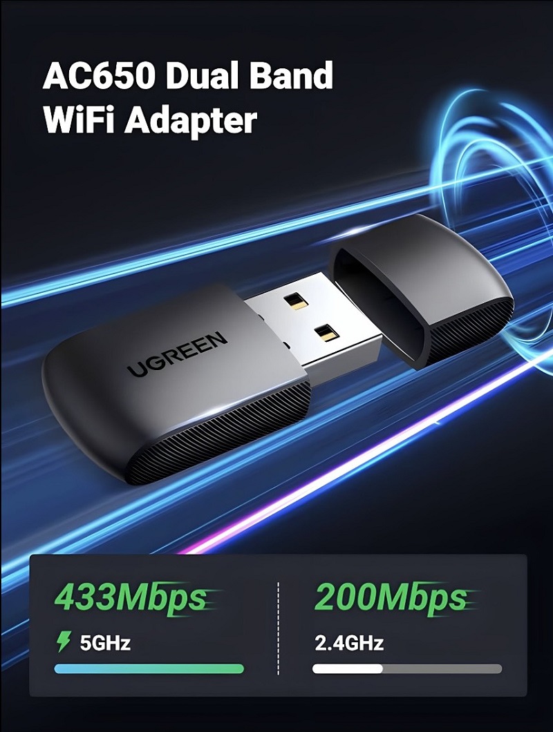 Ugreen 20204 USB phát Wifi băng tần kép 5G và 2.4G tốc độ 650 Mbps cao cấp