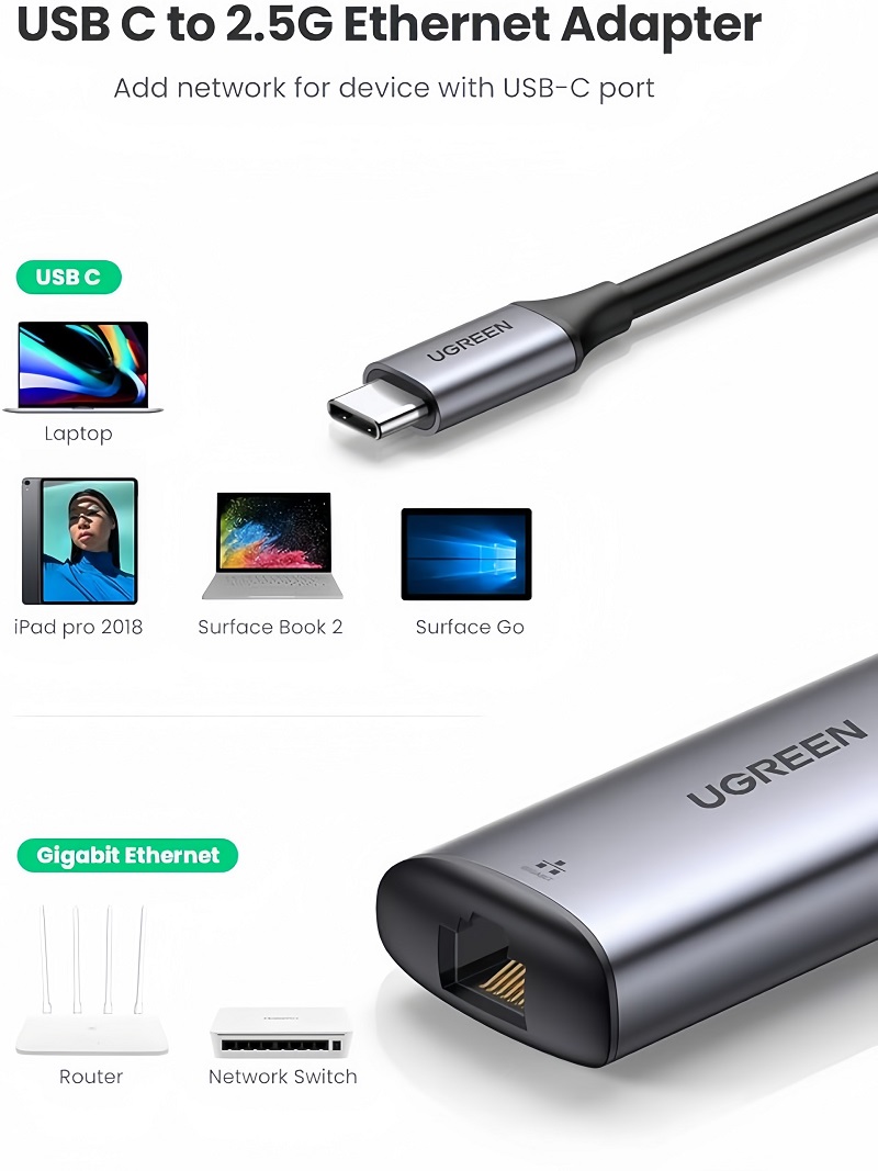 Ugreen 70446 Cáp chuyển USB Type C sang Lan 2.5 Gbps cao cấp