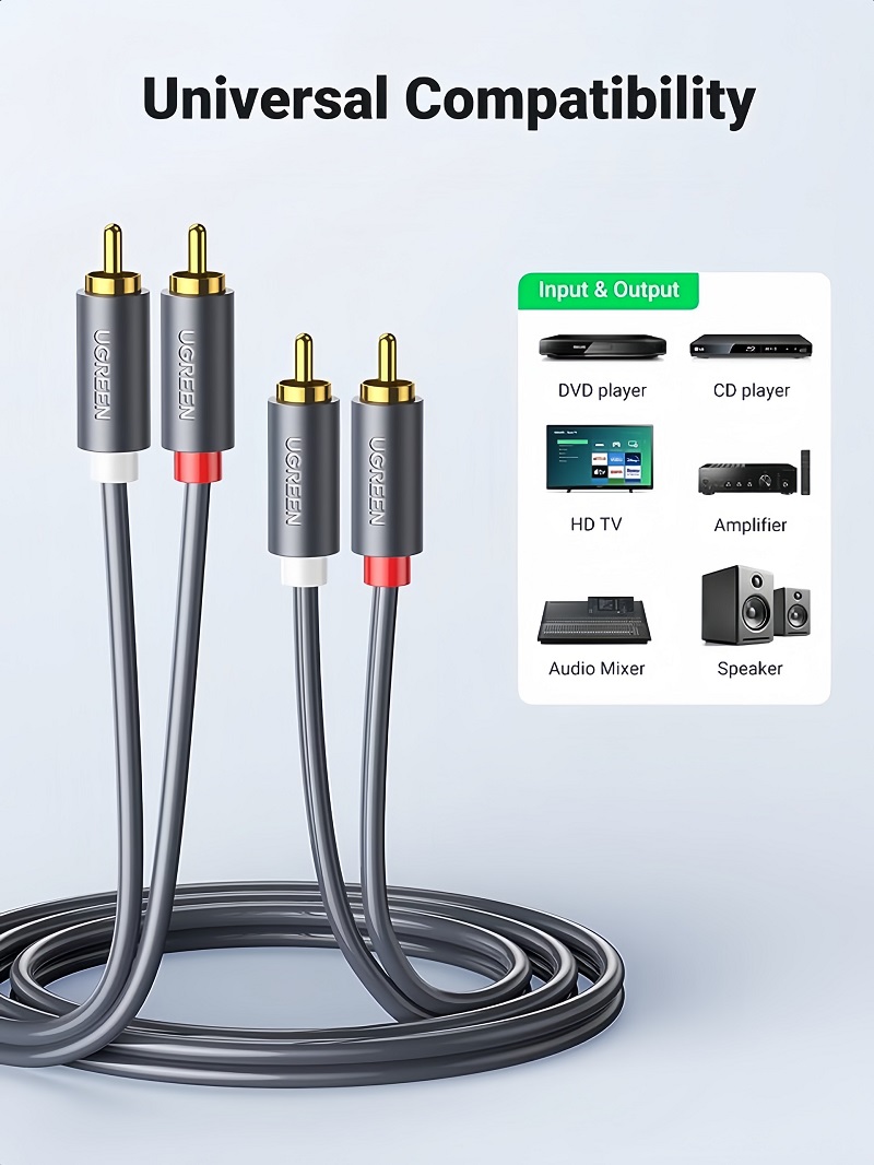 Ugreen 30747 cáp AV RCA 2 đầu hoa sen dài 1M mạ vàng 24K cao cấp (màu đen)