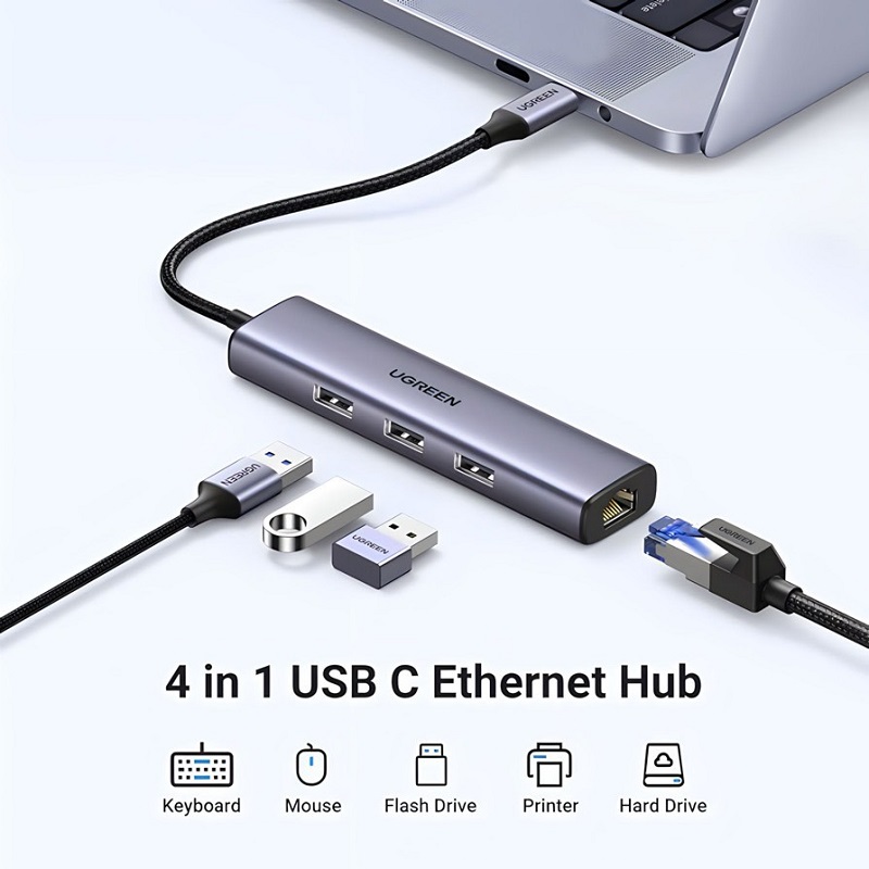 Ugreen 60600 Bộ hub chia USB Type-C to 3 cổng USB 3.0 kèm Lan Gigabit