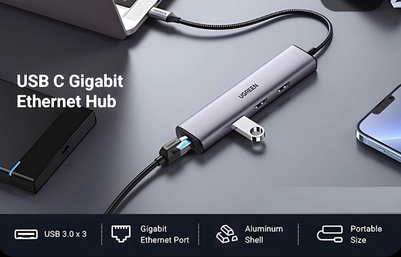 Ugreen 20920 Bộ hub chia USB Type-C to 3 cổng USB 3.0 kèm Lan RJ45 cao cấp