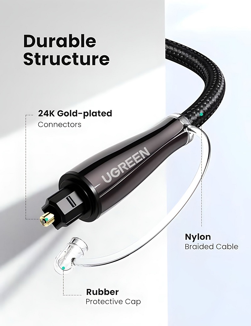 Ugreen 70896 cáp quang âm thanh kỹ thuật số Optical dài 2M đầu nối mạ vàng 24K cao cấp (màu đen)