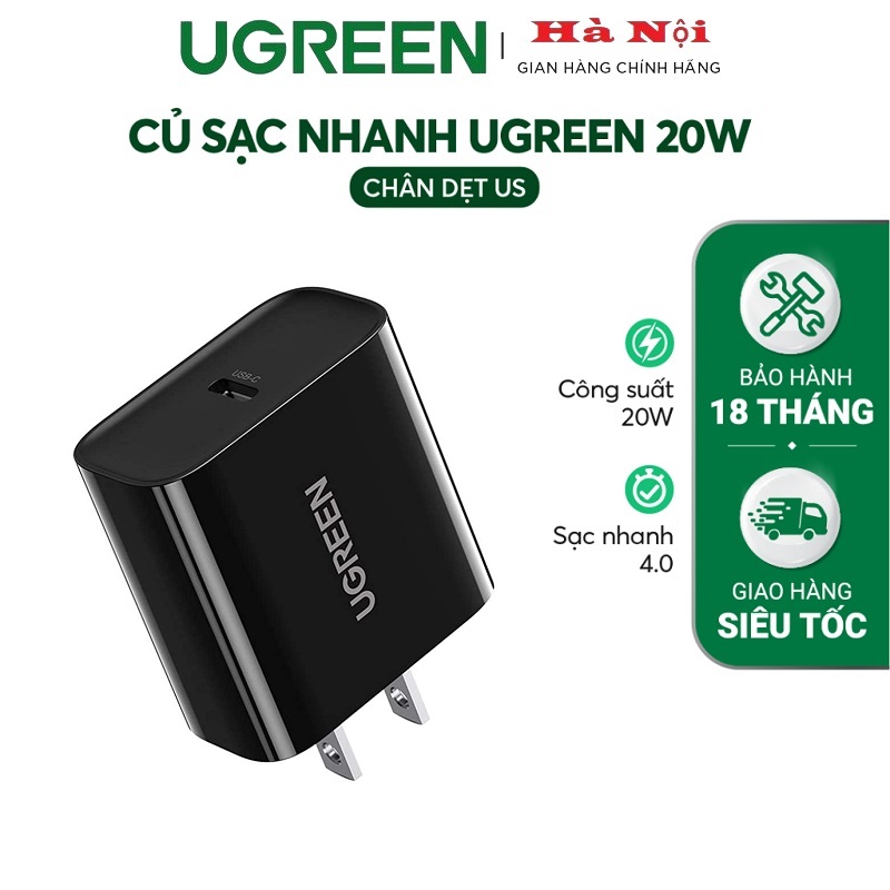 10184 Củ sạc nhanh UGREEN với cổng PD USB-C 20W chân dẹt US (Đen)