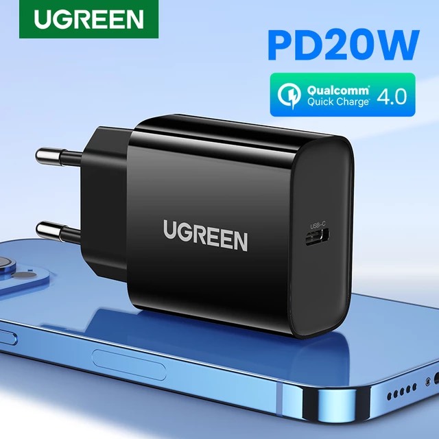 10191 Củ sạc nhanh PD USB-C 20W UGREEN chân tròn EU (Đen)