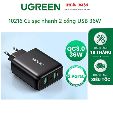 10216 Củ sạc nhanh UGREEN 2 cổng USB 36W Fast Charger chân cắm chuẩn Anh (Đen)