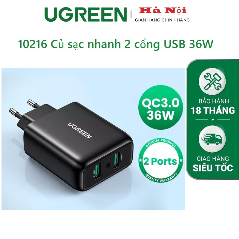 10216 Củ sạc nhanh UGREEN 2 cổng USB 36W Fast Charger chân cắm chuẩn Anh (Đen)