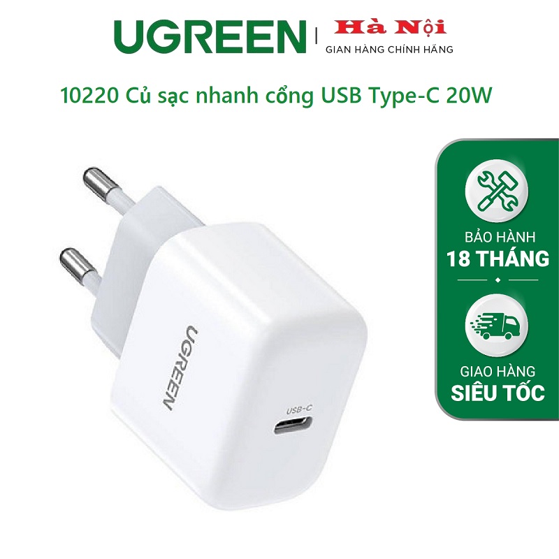 10220 Củ sạc nhanh cổng USB Type-C 20W Màu Trắng Ugreen CD241 chân cắm chuẩn Anh