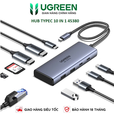 45380 10 IN 1 Hub chuyển USB typeC sang 2 HDMI, 2 USB A, 2 USB C, 1 PD 100w, Đầu đọc thẻ SD/TF